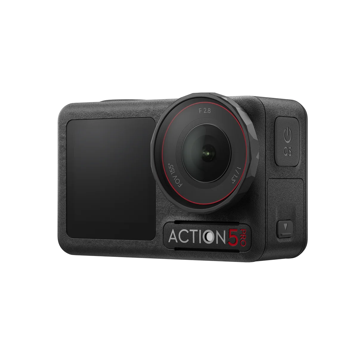 DJI Osmo Action 5 Pro three-quarter angle showing right-side power and quick-settings buttons