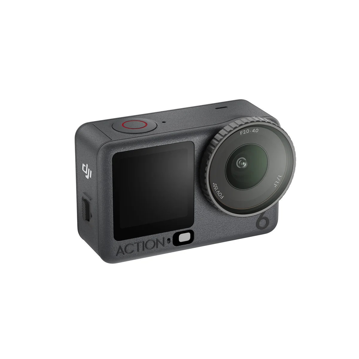 DJI Osmo Action 6 three-quarter top angle showing red record button and DJI logo