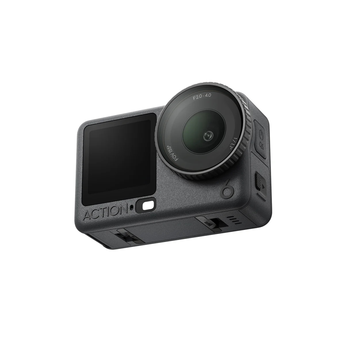 DJI Osmo Action 6 three-quarter bottom angle showing magnetic quick-release mount and side port