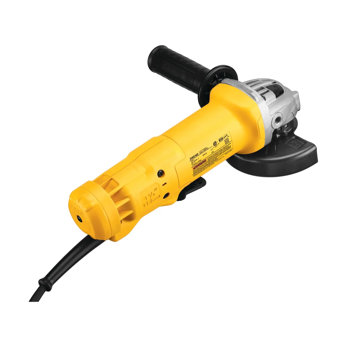 DeWalt DWE402 angle grinder rear angle showing motor housing and spec label
