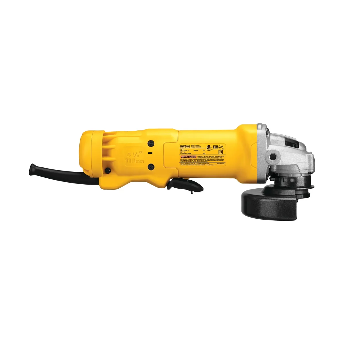 DeWalt DWE402 angle grinder side view with cord and 4-1/2 inch guard