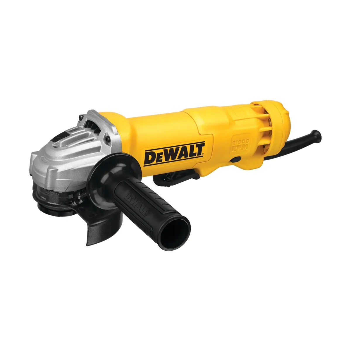 DeWalt DWE402 angle grinder three-quarter front view with guard and side handle