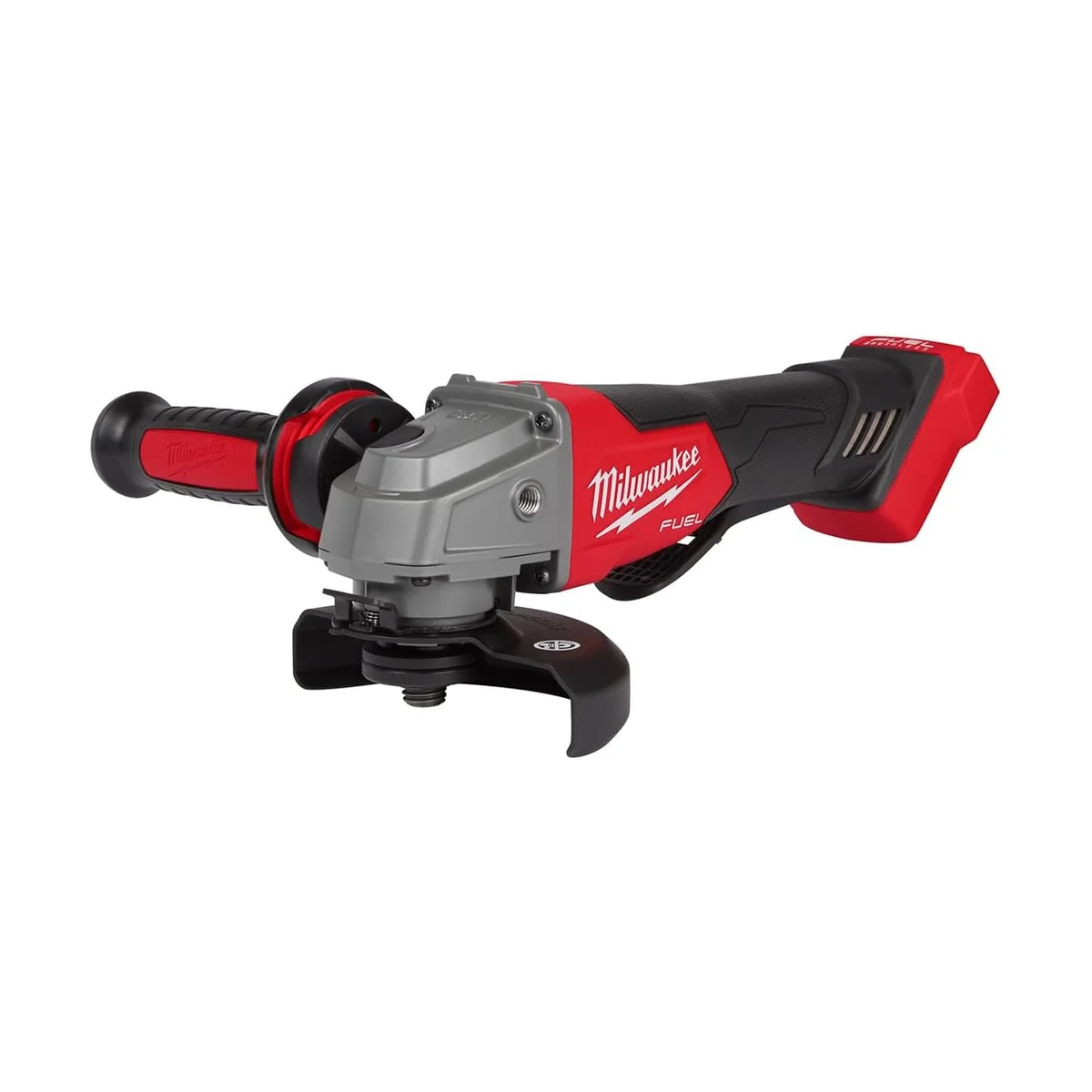 Milwaukee M18 FUEL 2880-20 angle grinder three-quarter front angle with side handle attached
