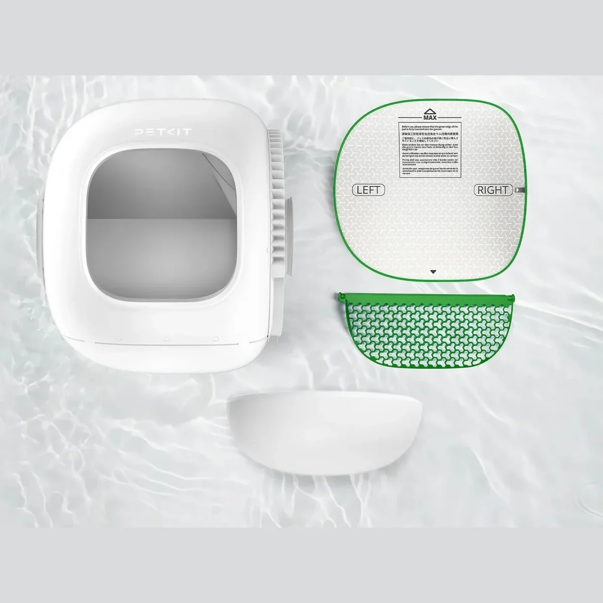 PETKIT Purobot Max Pro 2 disassembled showing the main unit alongside its two swappable litter sifters and litter pad