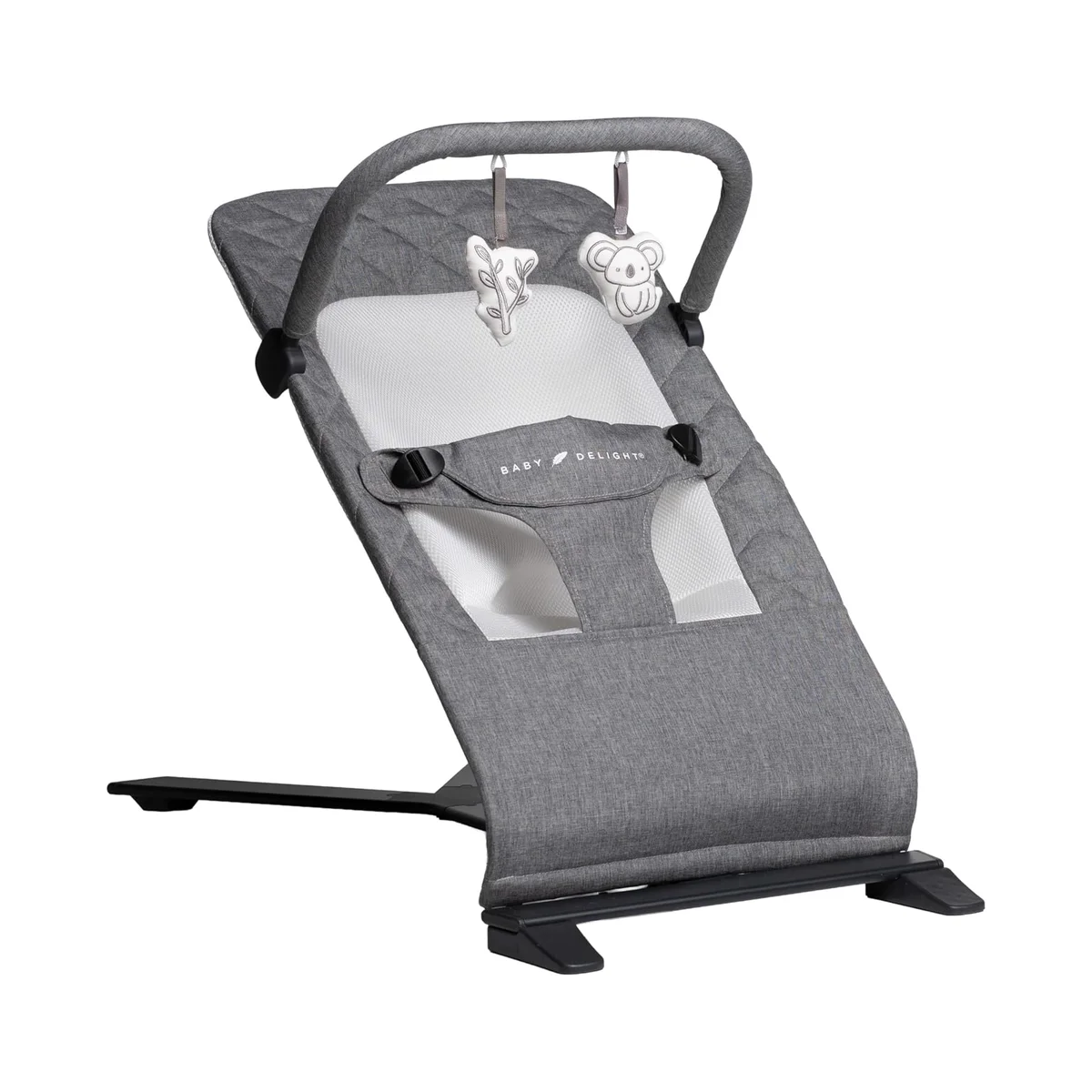 Baby Delight Alpine Deluxe Portable Bouncer in grey showing breathable mesh seat and 3-point harness