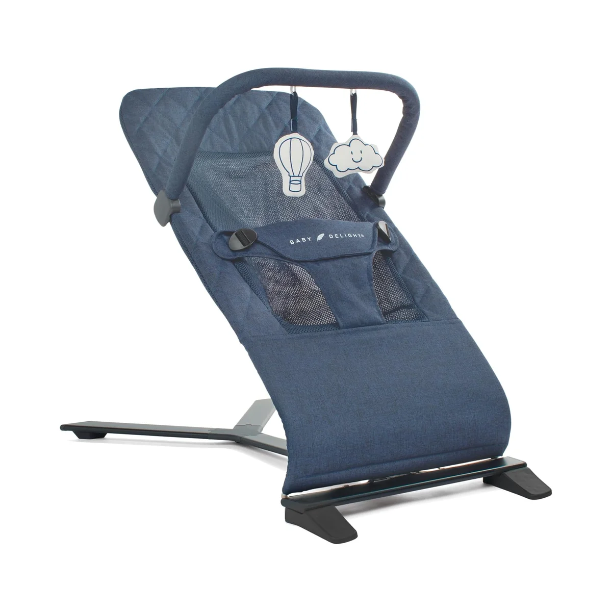 Baby Delight Alpine Deluxe Portable Bouncer in navy blue with toy bar and removable hot air balloon toys