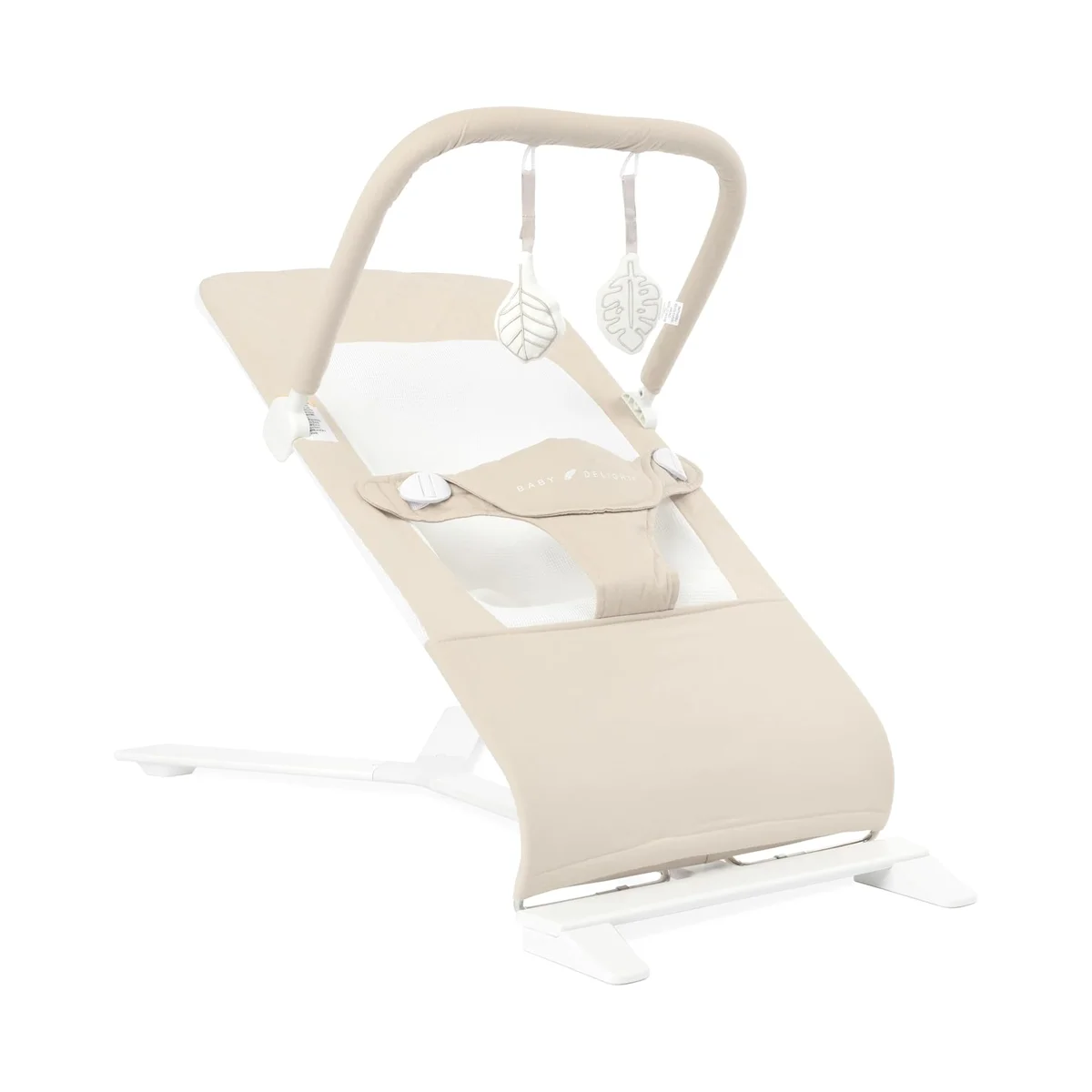 Baby Delight Alpine Deluxe Portable Bouncer in beige showing mesh inset seat and toy bar detail