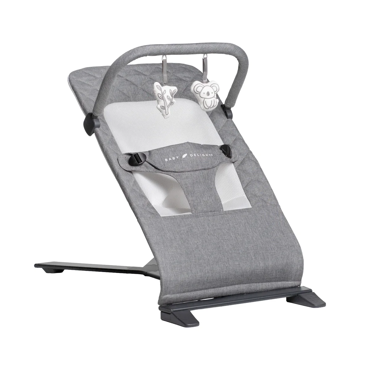 Baby Delight Alpine Deluxe Portable Bouncer in Charcoal Tweed with koala toy bar, 3/4 view