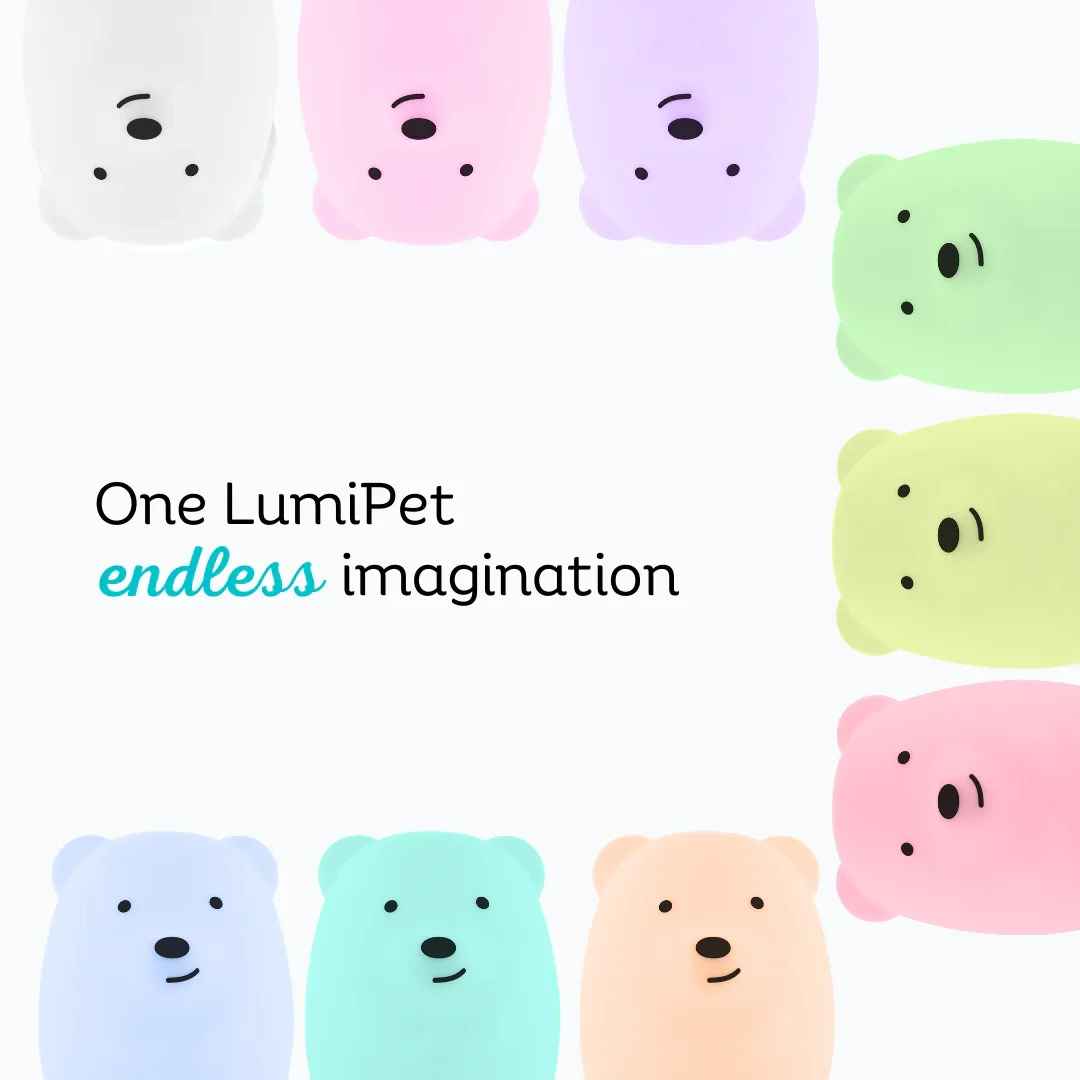 LumiPets Bear Night Light glowing in 9 colors arranged in a grid