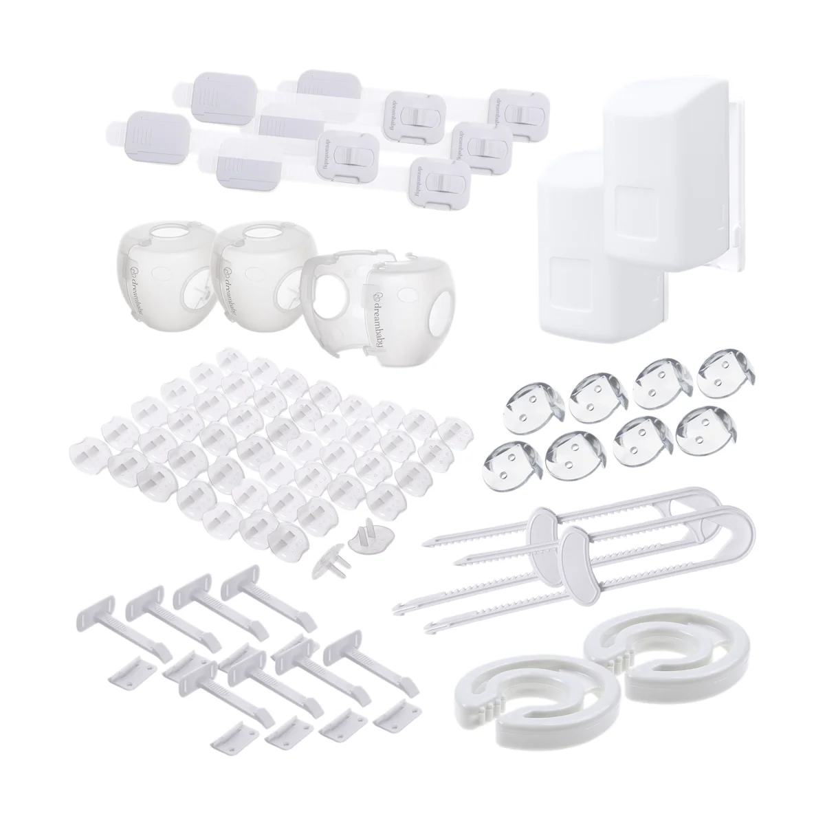 Dreambaby Whole Home Safety Set (78-Piece) full contents laid out, including cabinet and drawer locks, outlet plug covers, corner cushions, door-knob covers, and appliance latches