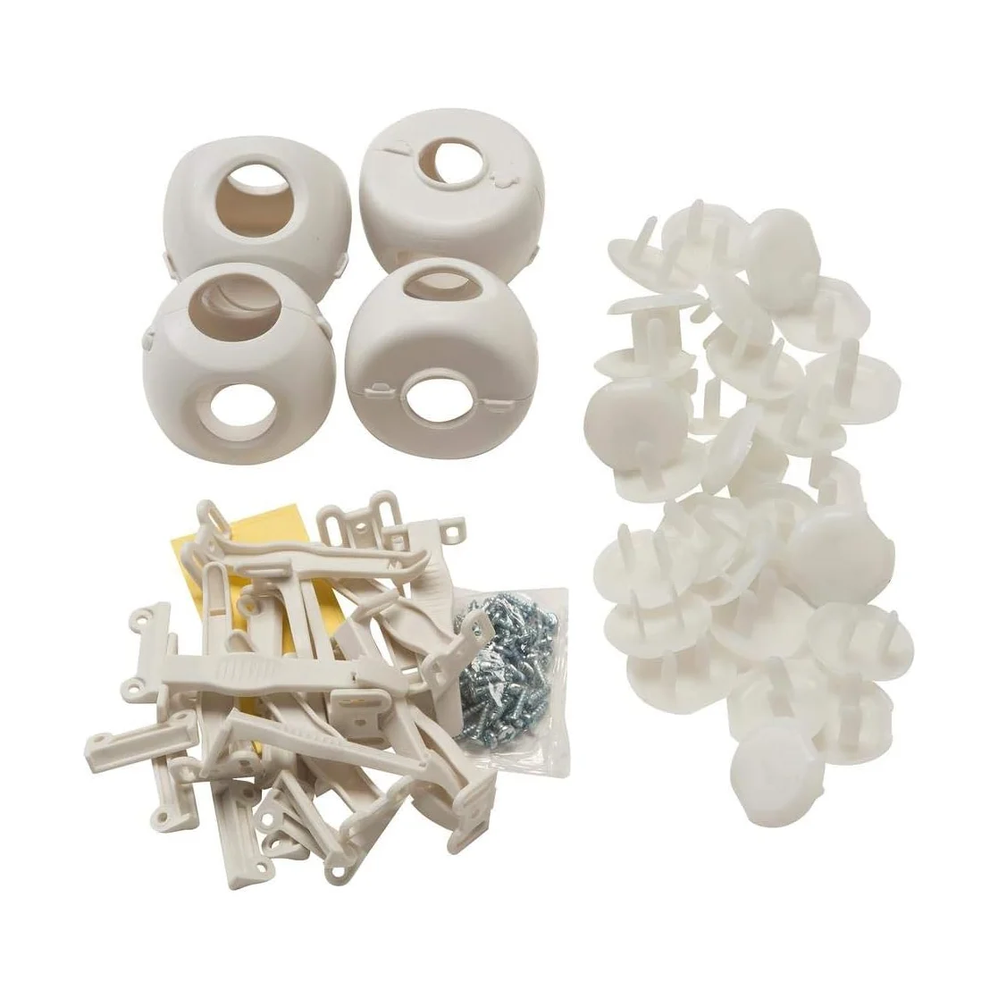 Safety 1st Safety Essentials Kit pieces laid out, including door-knob covers, cabinet and drawer latches, and outlet plug protectors