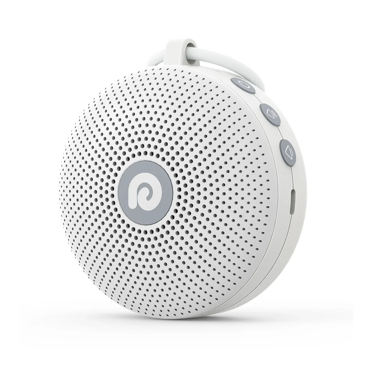 Dreamegg D11 Max white noise machine, 3/4 front angle showing Dreamegg logo and right-side volume buttons