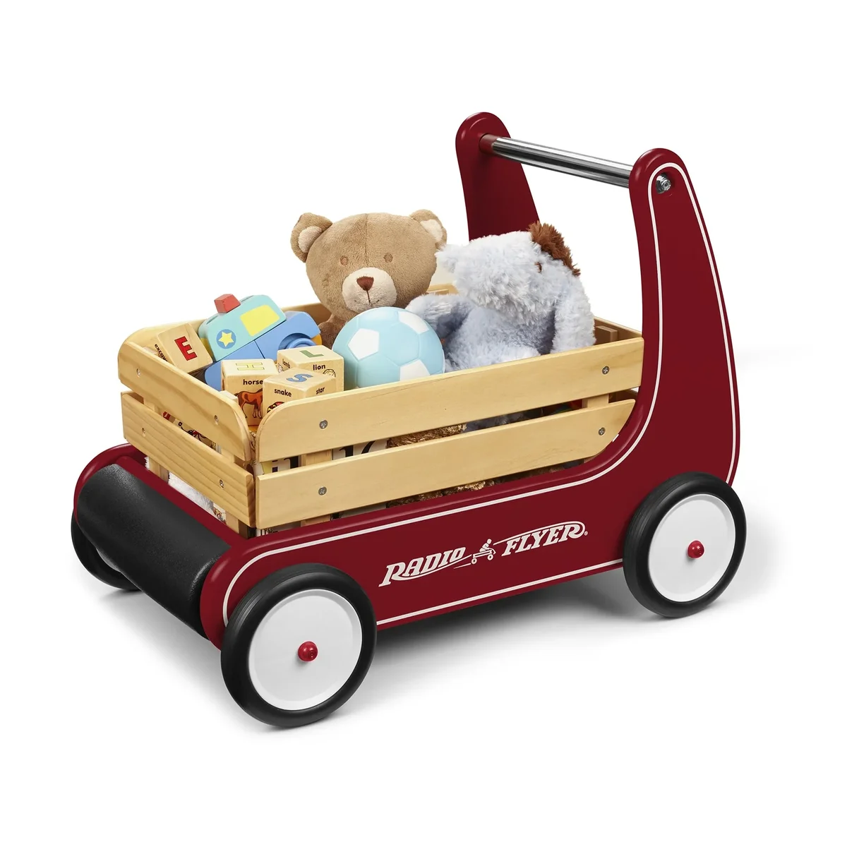 Radio Flyer Classic Walker Wagon loaded with wooden blocks, a teddy bear, and a toy at a three-quarter angle