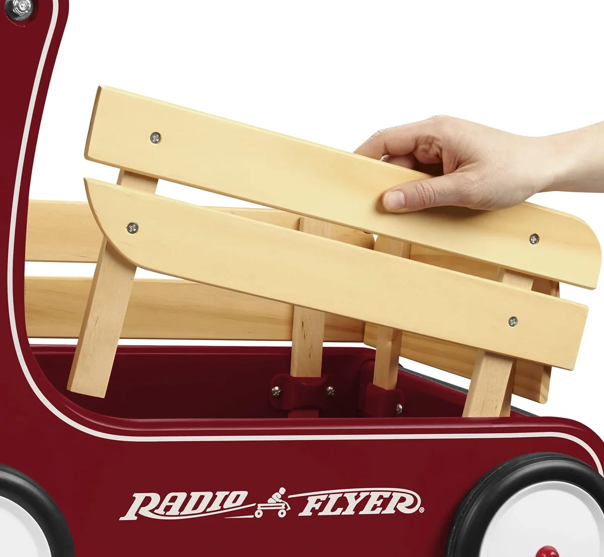 Close-up of a removable natural wood side panel on the Radio Flyer Classic Walker Wagon