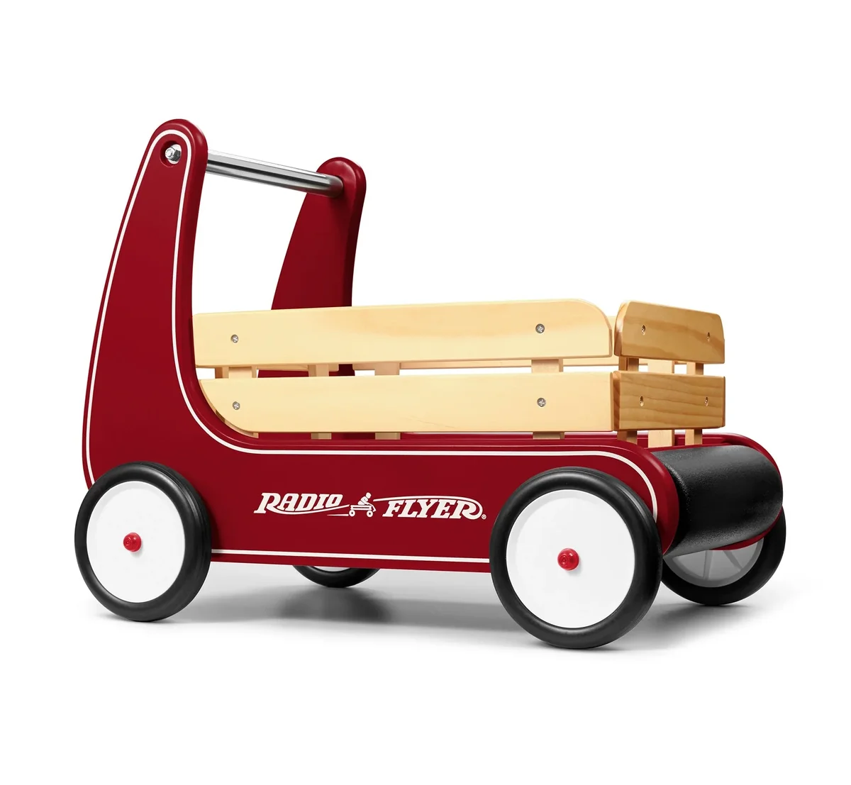 Radio Flyer Classic Walker Wagon side profile showing the red wood body and natural wood side rails
