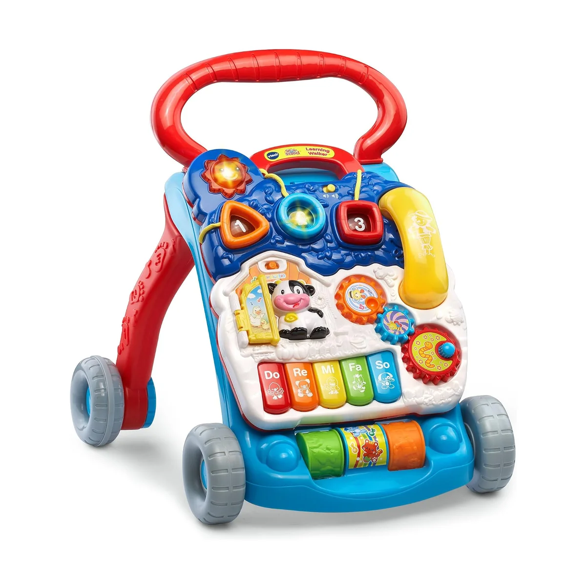VTech Sit-to-Stand Learning Walker in blue and red, front three-quarter view