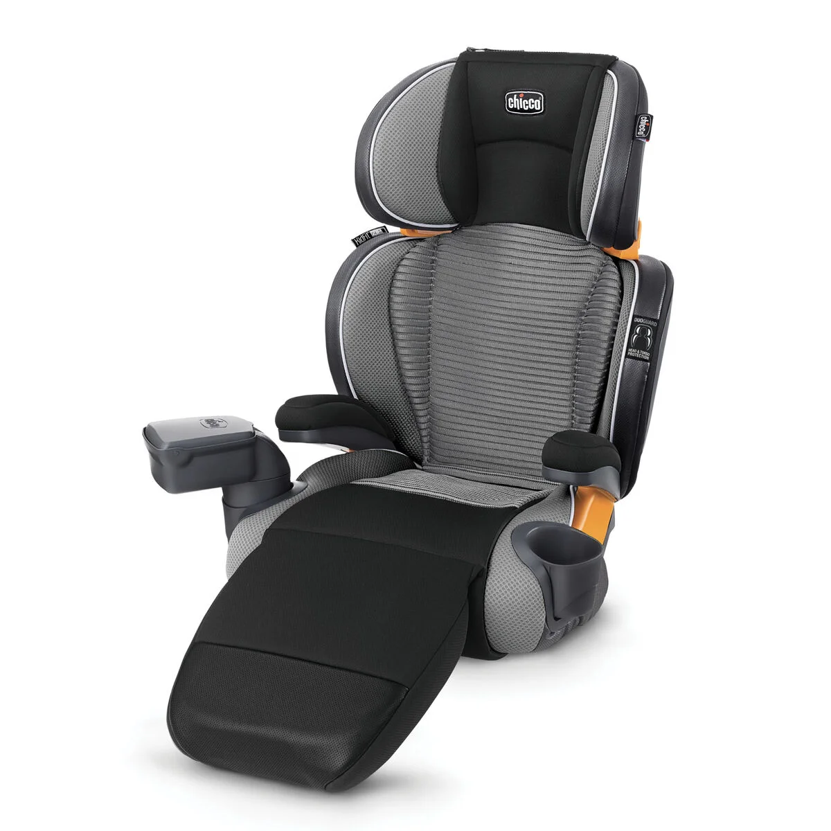 Chicco KidFit Zip Air Plus high-back booster seat 3/4 front-left angle showing AirMesh ventilation and reclined foot rest