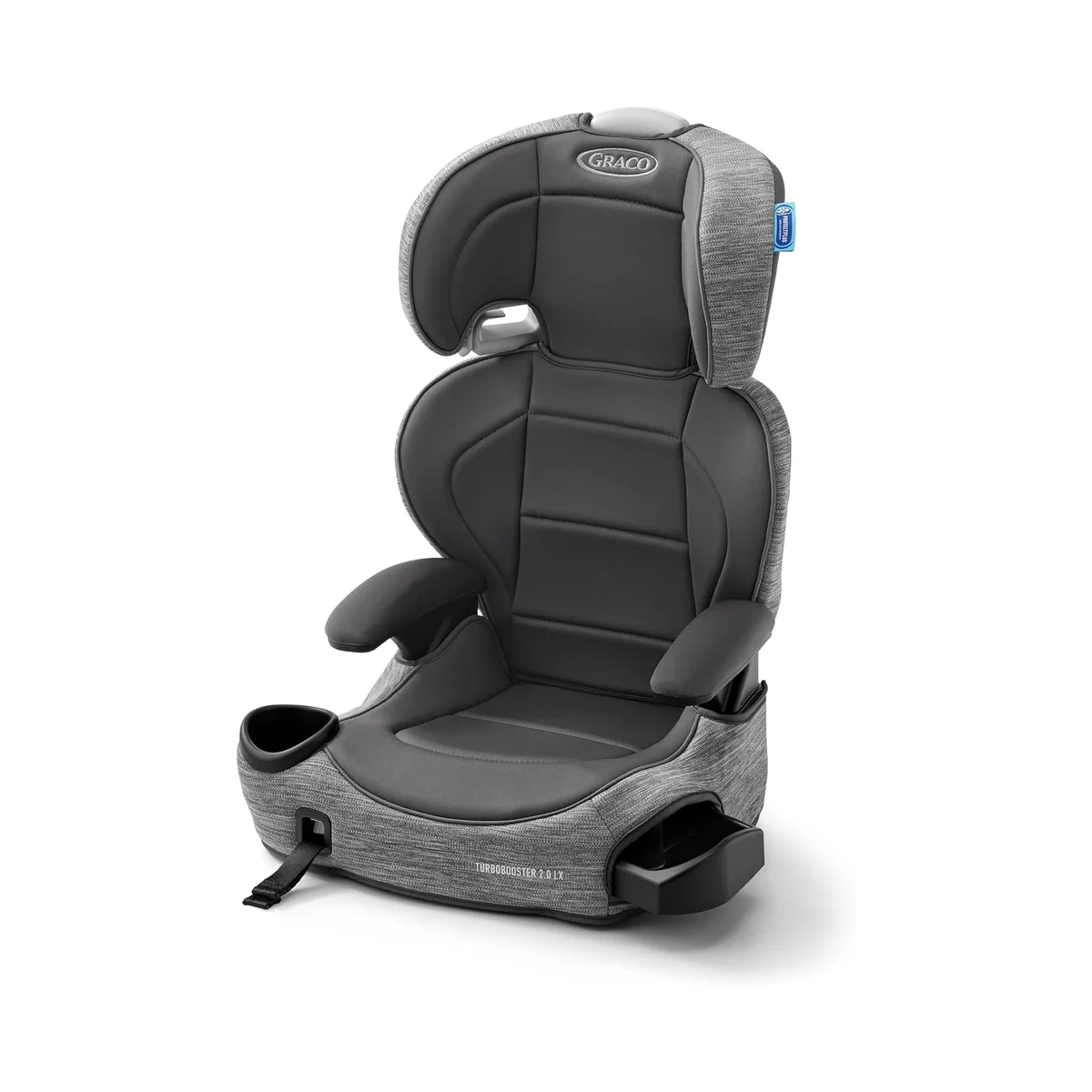 Graco TurboBooster 2.0 LX booster seat angled view showing adjustable headrest and heathered fabric