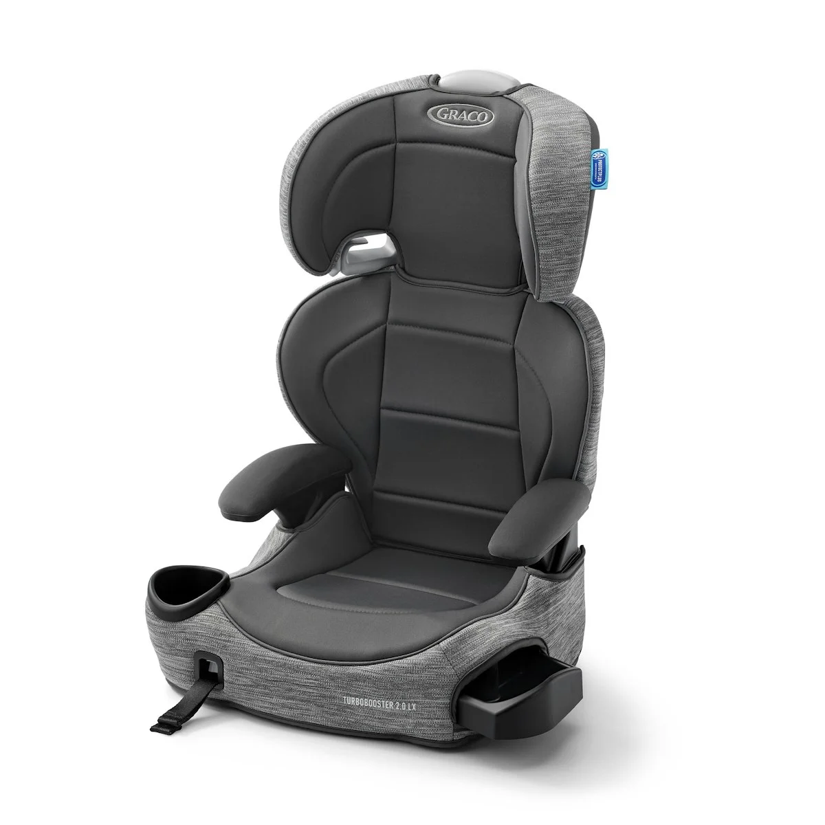 Graco TurboBooster 2.0 LX highback booster seat in Gannon gray, 3/4 front view showing LATCH strap and cup holder