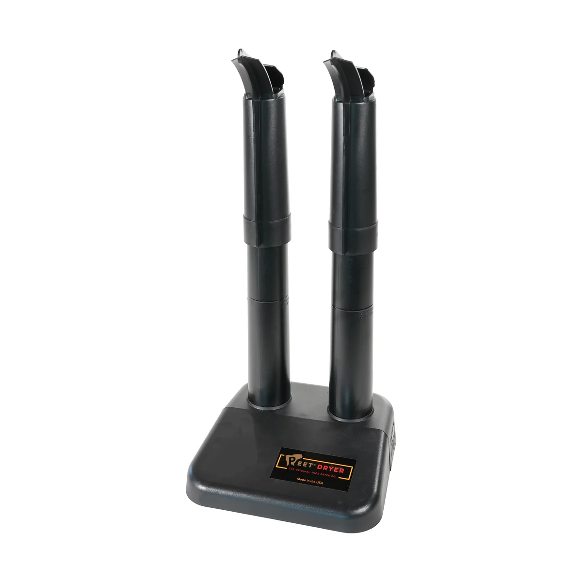PEET Original 2-Shoe Electric Boot Dryer, front view showing the black base and two vertical drying tubes