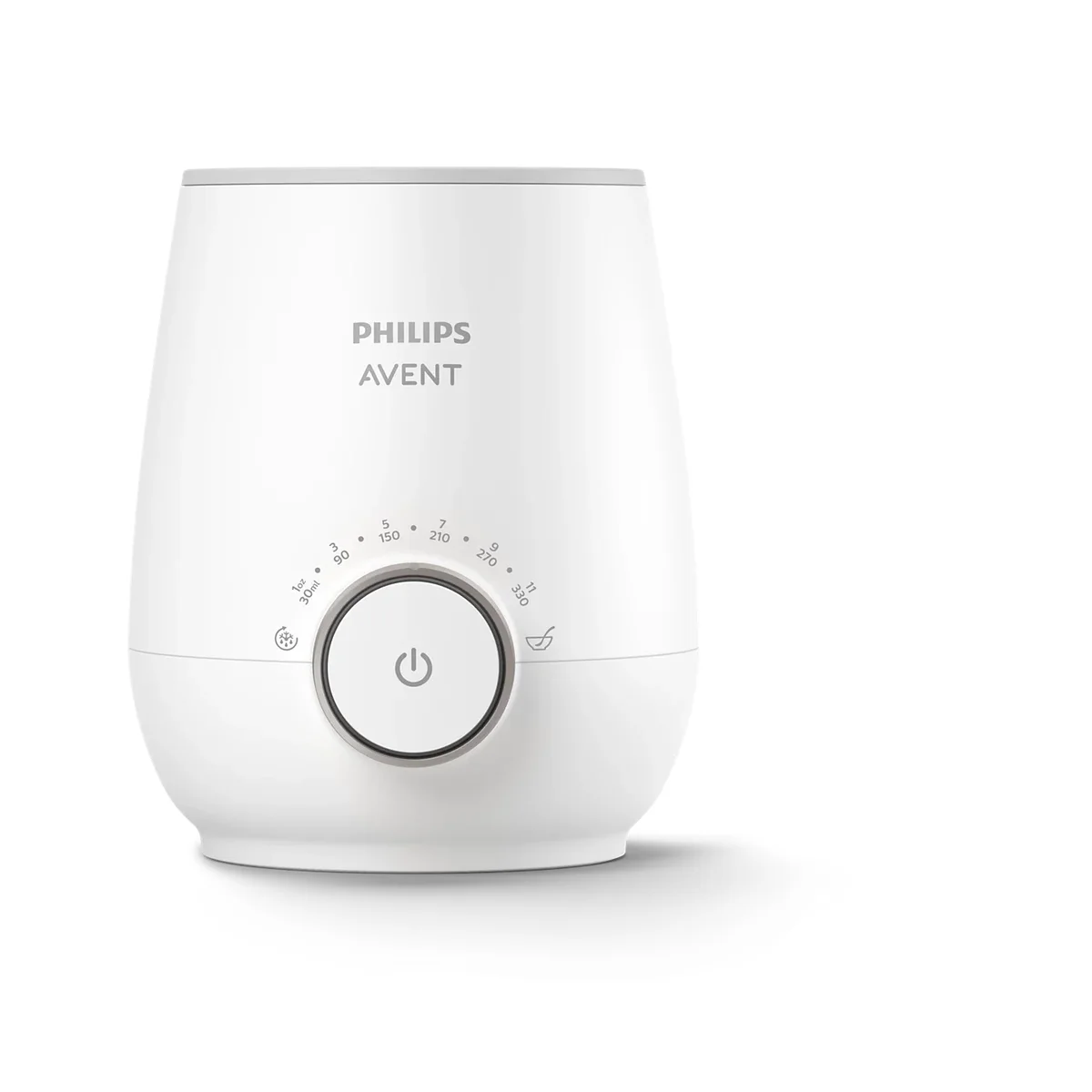 Philips Avent Premium Fast Bottle Warmer showing control dial and power button, empty