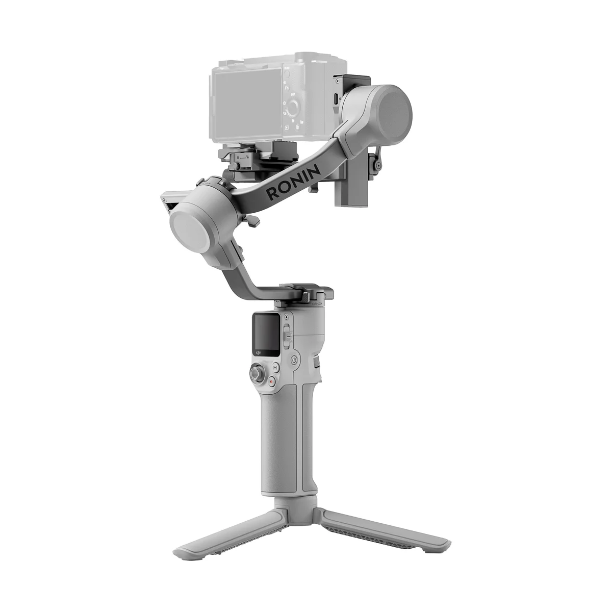 DJI RS4 Mini gimbal stabilizer with camera mounted, 3/4 angle view on white background