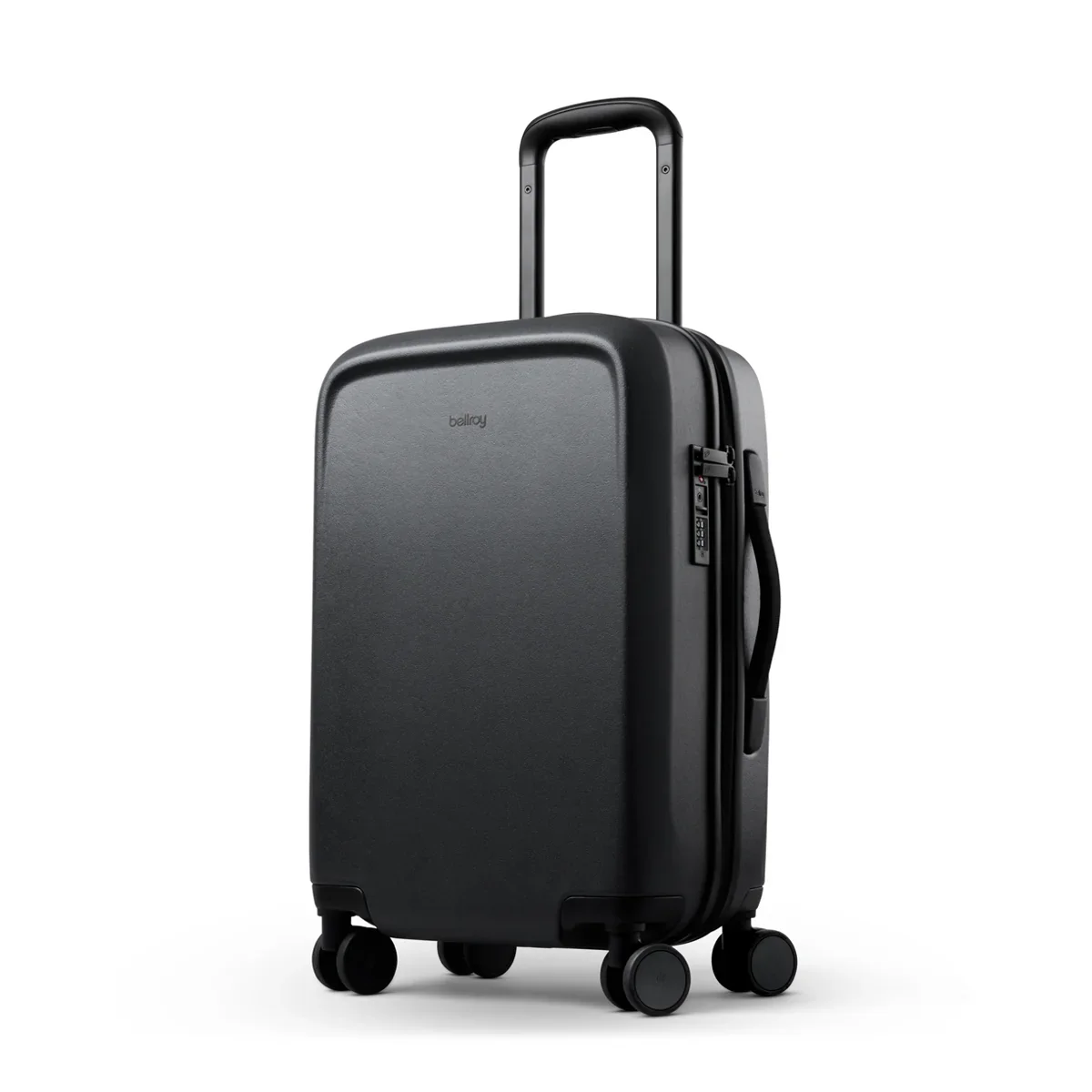 Bellroy Transit Carry-On in black, 3/4 angle view with extended handle