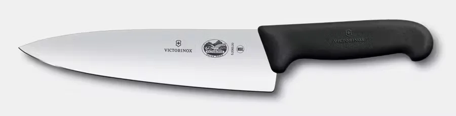 Victorinox Fibrox Pro 8-inch chef's knife side profile showing the full blade edge and Victorinox branding