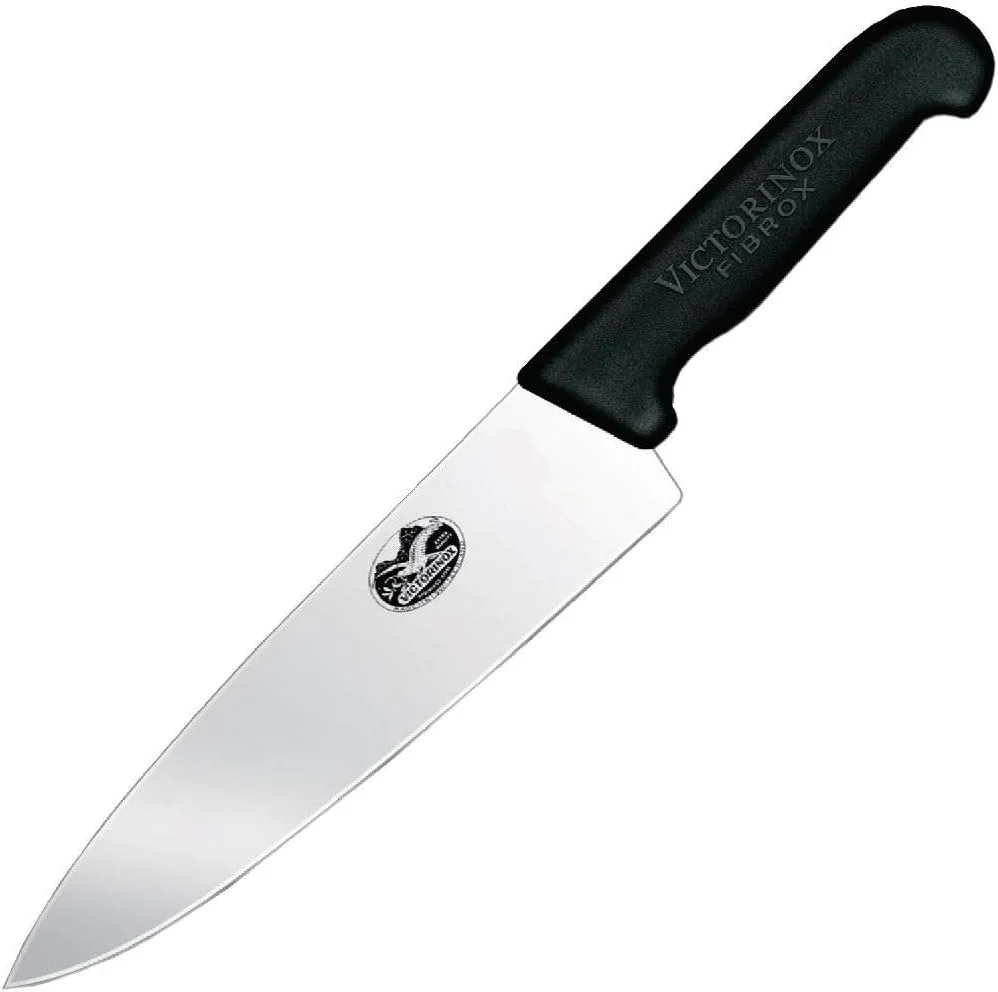 Victorinox Fibrox Pro 8-inch chef's knife, full diagonal view showing the stamped blade and black Fibrox handle