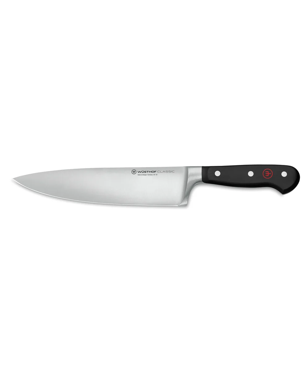 Wusthof Classic 8-inch Chef's Knife shown in full side profile with black handle and polished steel blade