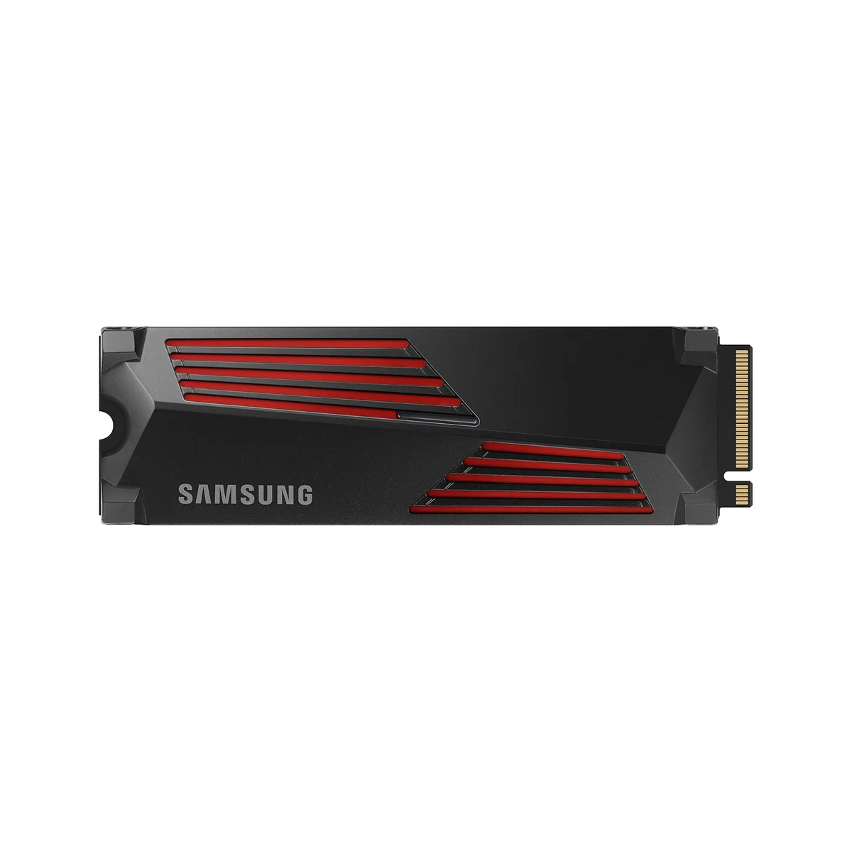 Samsung 990 Pro with Heatsink 2TB SSD top-down view showing red-vented heatsink and Samsung branding