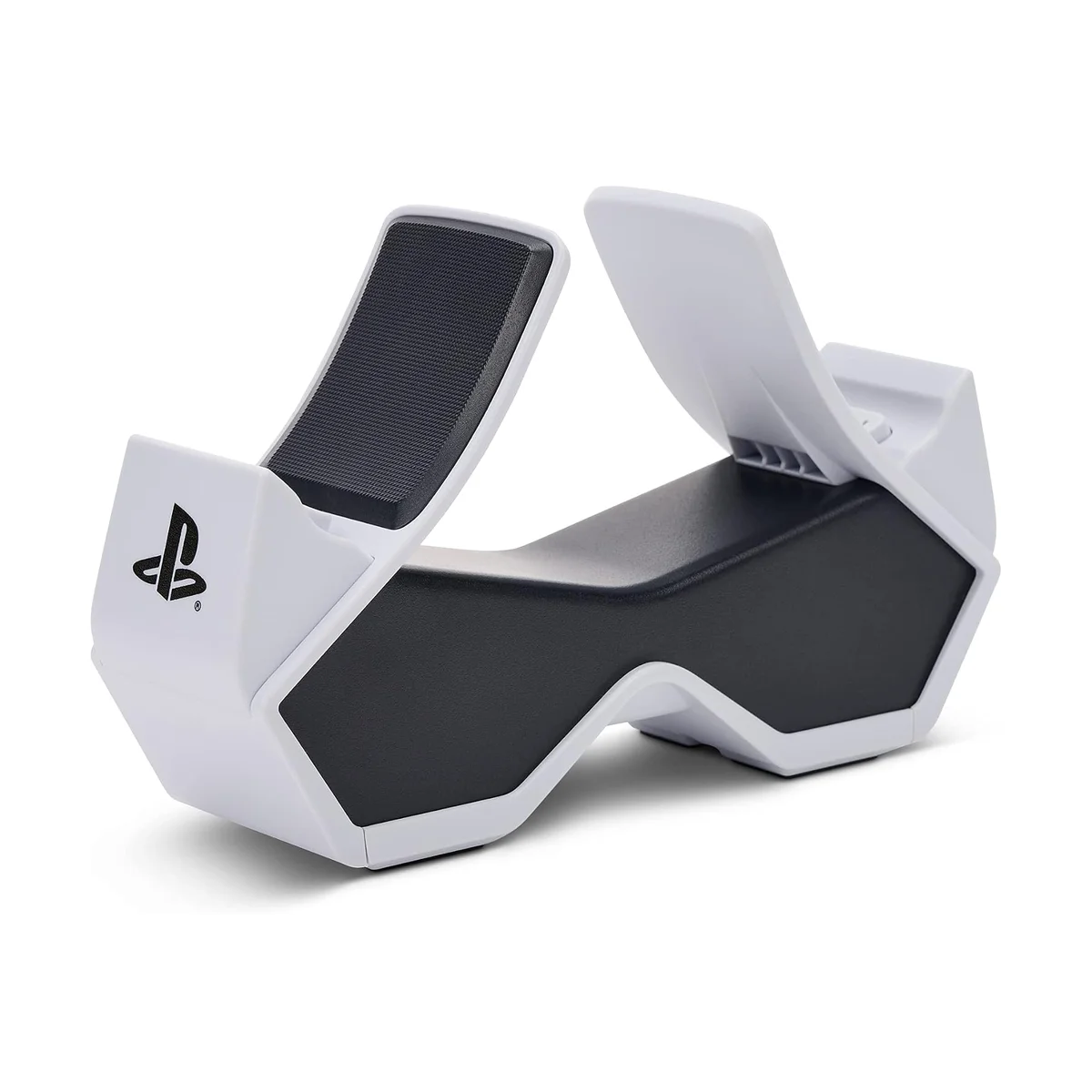 PowerA Twin Charging Station for PlayStation 5, back-to-back dual cradle dock in white and black with PlayStation logo