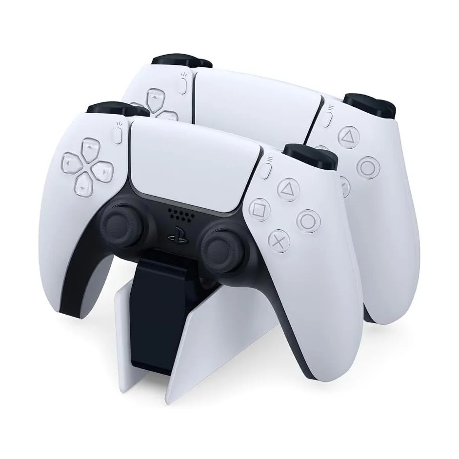 Sony DualSense Charging Station with two DualSense controllers docked and charging