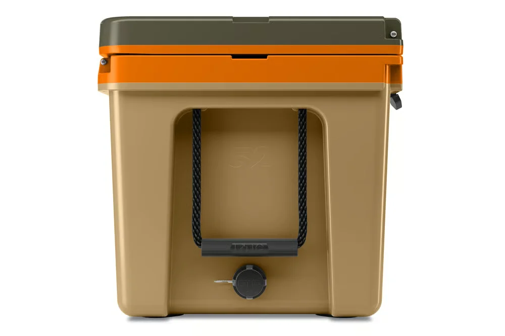 RTIC Ultra-Light 52Q end view showing rope handle and drain plug detail