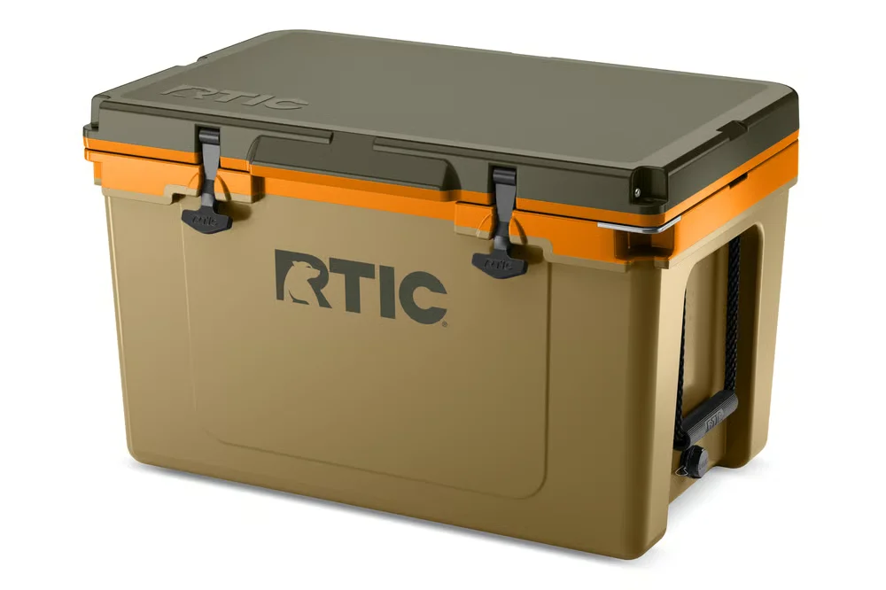 RTIC Ultra-Light 52Q cooler 3/4 angle view showing latches and drain plug on white background