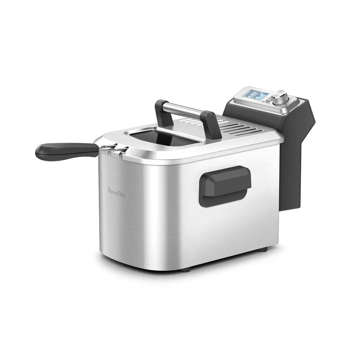 Breville Smart Fryer three-quarter view showing brushed stainless housing and digital control panel