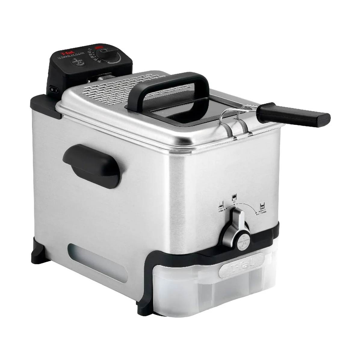 T-fal Ultimate EZ Clean automatic oil filtration lever and clear oil storage drawer close-up