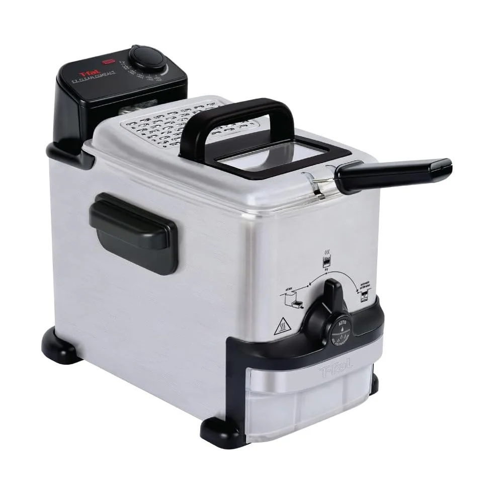 T-fal Ultimate EZ Clean deep fryer side angle showing brushed stainless housing and control panel