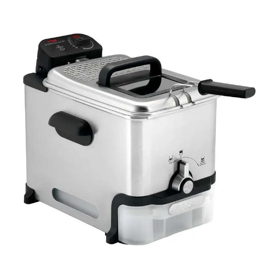 T-fal Ultimate EZ Clean deep fryer stainless steel 3/4 view with analog dial and oil filtration box