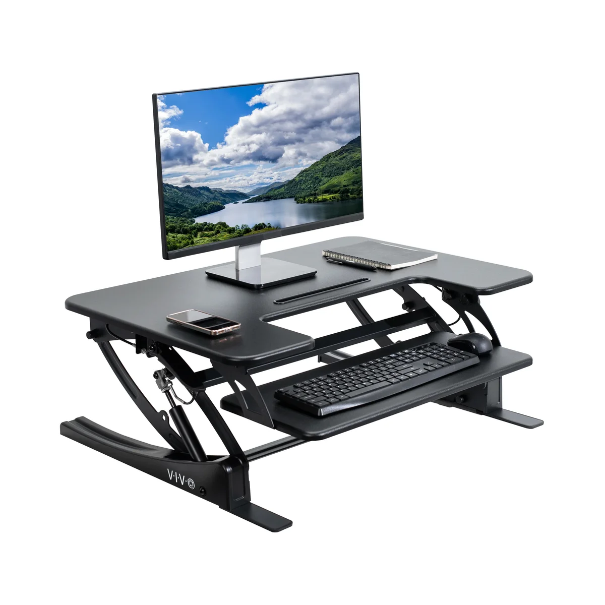 VIVO 32" Desk Converter front view in raised position with single monitor and keyboard tray