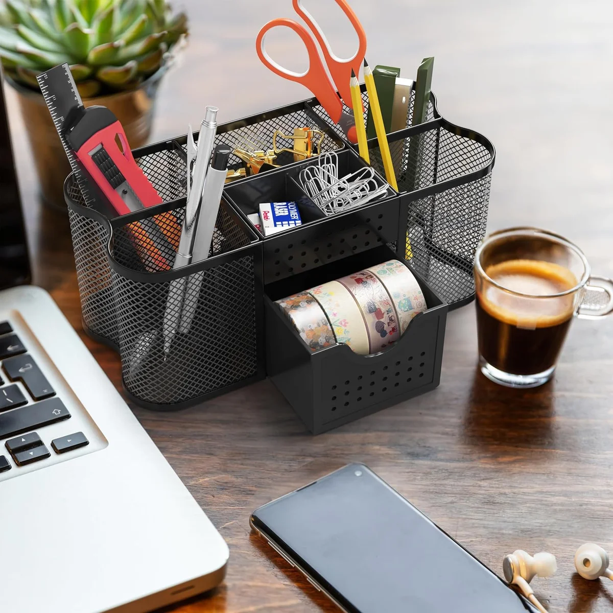 DecoBros Desk Organizer Caddy in a desk workspace with laptop, scissors, washi tape rolls, and a coffee mug