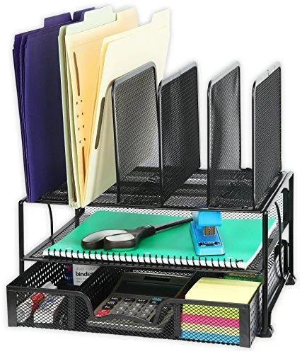 SimpleHouseware Mesh Desk Organizer front view with folders, mouse, and notebook on desk