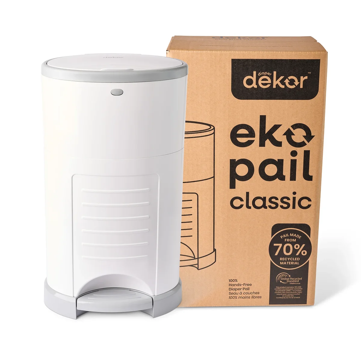 Dekor EKO Classic Diaper Pail with retail packaging box on white background