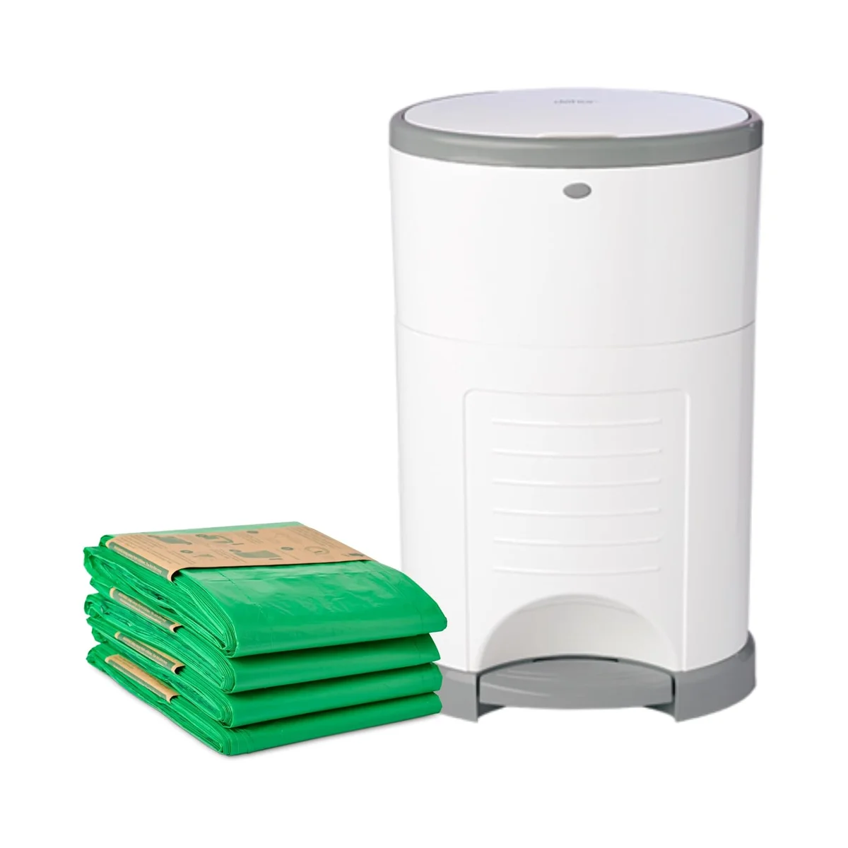 Dekor EKO Diaper Pail with green EKO recycled refill liners on white background