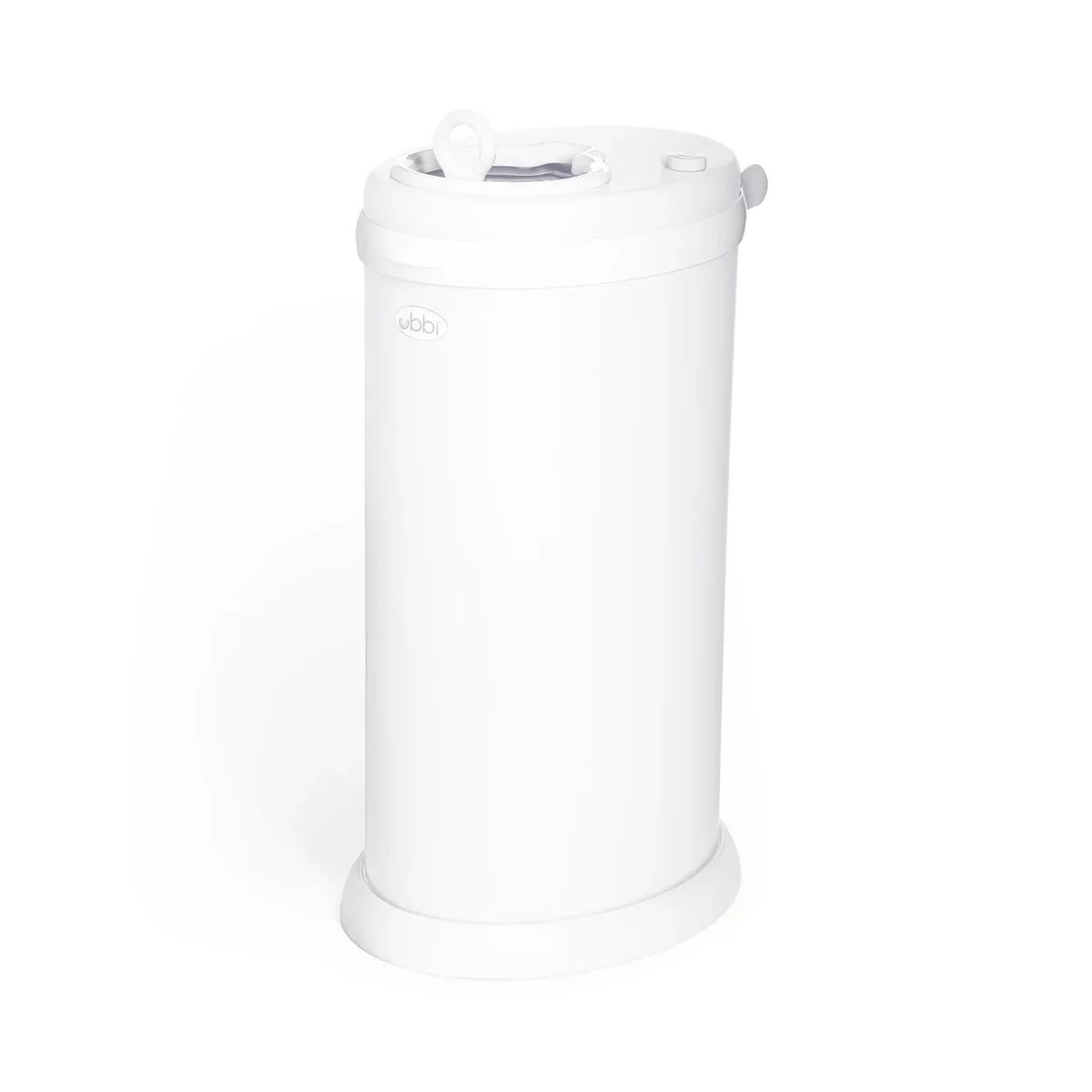 Ubbi Steel Diaper Pail in white, 3/4 angle view showing sliding lid mechanism