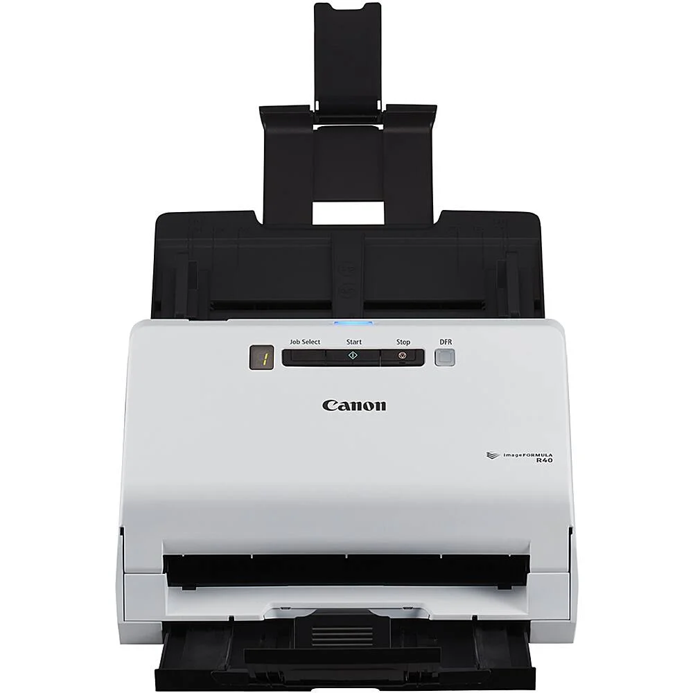 Canon imageFORMULA R40 with ADF tray fully extended ready for document loading