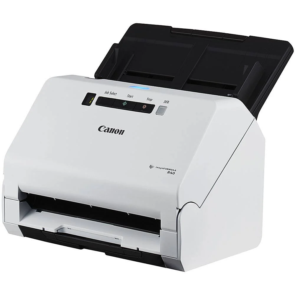 Canon imageFORMULA R40 three-quarter angle showing side profile and compact footprint