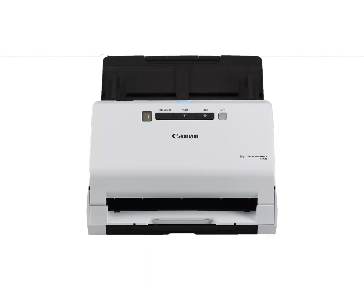 Canon imageFORMULA R40 front view showing control panel and document feed slot