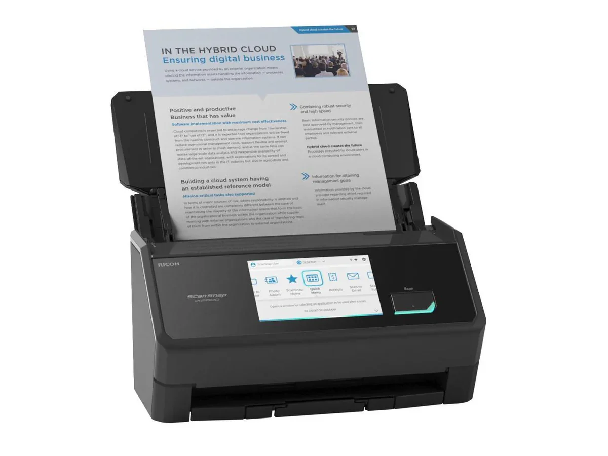 Ricoh ScanSnap iX2500 front view with document in feeder and 5-inch touchscreen showing Quick Menu