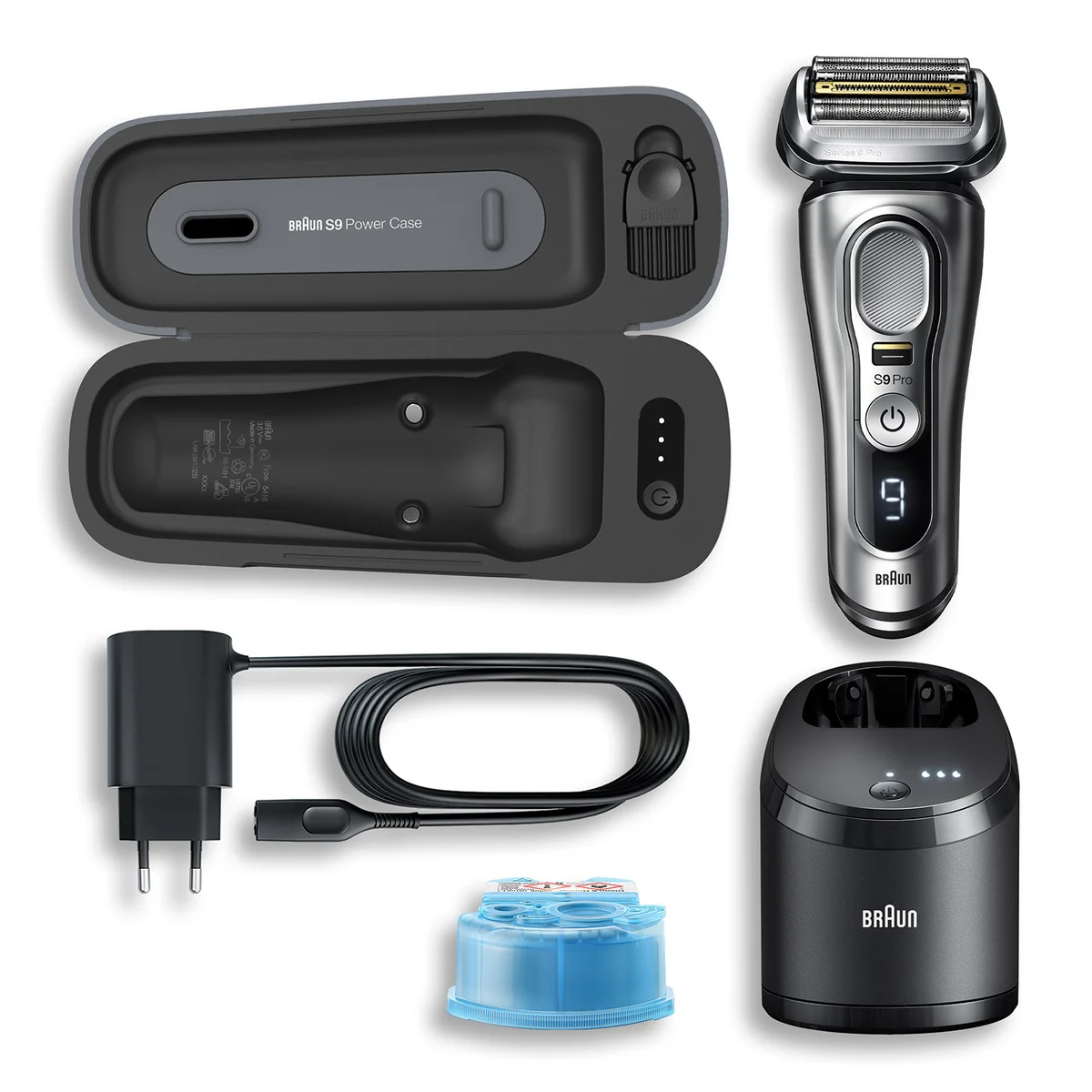 Braun Series 9 Pro 9477cc complete package contents laid out including shaver, PowerCase, SmartCare station, cleaning cartridge, and charging cable